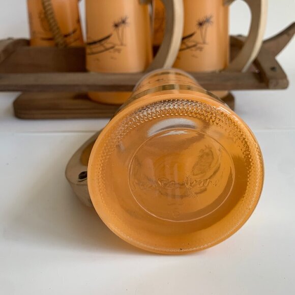 Siesta Ware Vintage Peach Glasses Set of 6 With Canoe Outrigger Carrier Wooden T - Picture 4 of 6